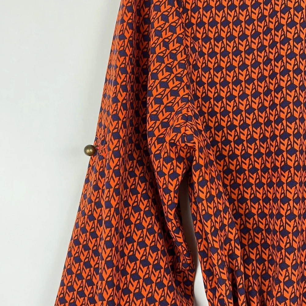 MAISON JULES button down shirt dress roll tab collared orange and navy M - Picture 4 of 13